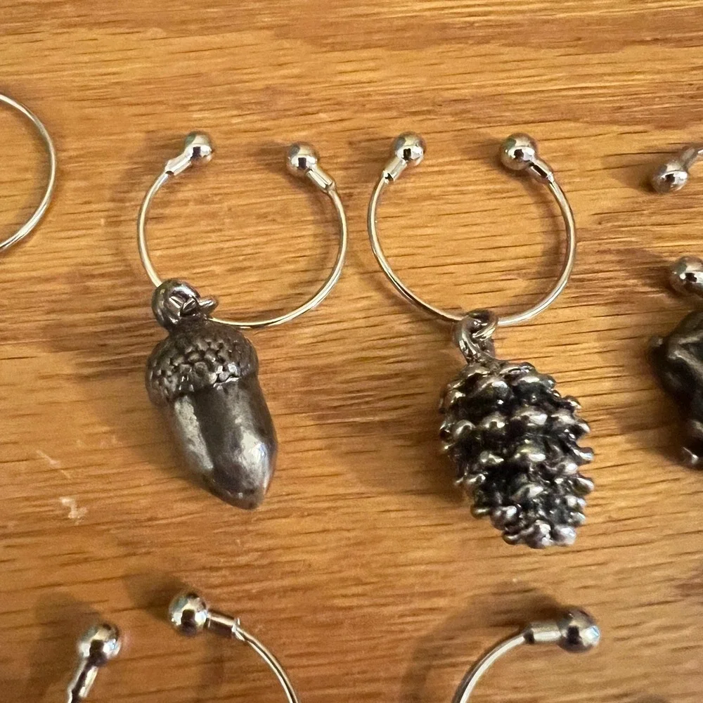 Solid Pewter Wine Glass Charms Set of 6 Heavy Fall Harvest Acorn Leaf Fruit Pear